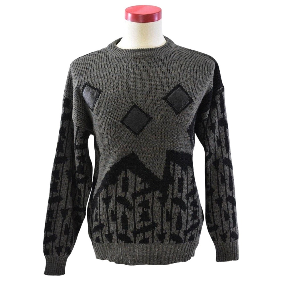 80s Vintage Leather Patchwork Sweater Mens XL Green Abstract Geometric Knit